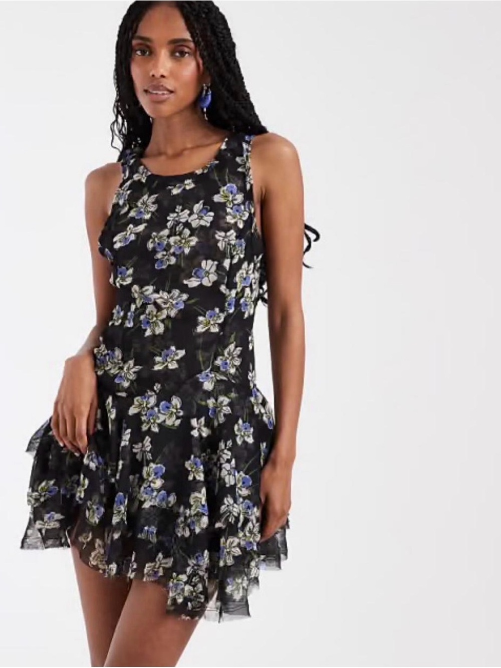 Free People Black Floral Ruffle Hem Mini Dress with Blue Accents